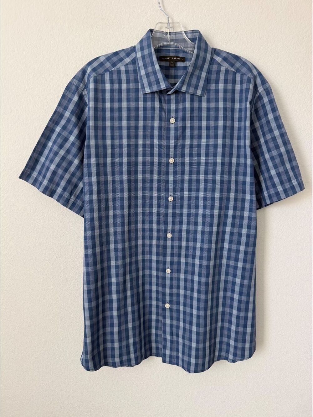Robert Barakett Blue Tone Check Short Sleeve 100% Cotton Shirt Men's Size L